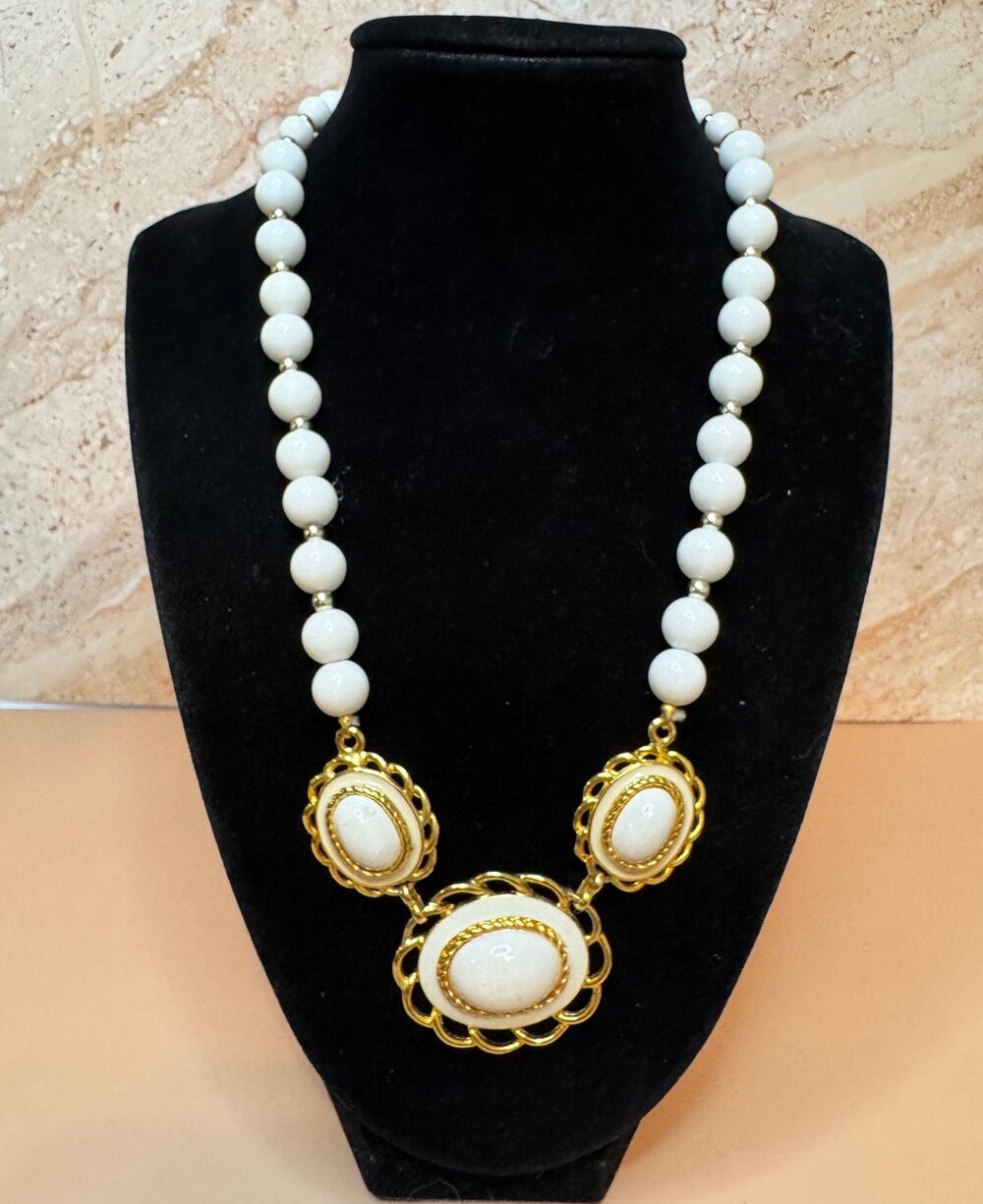 Vintage White Gold Graduating Bead Triple White & Gold Oval Panelled Necklace
